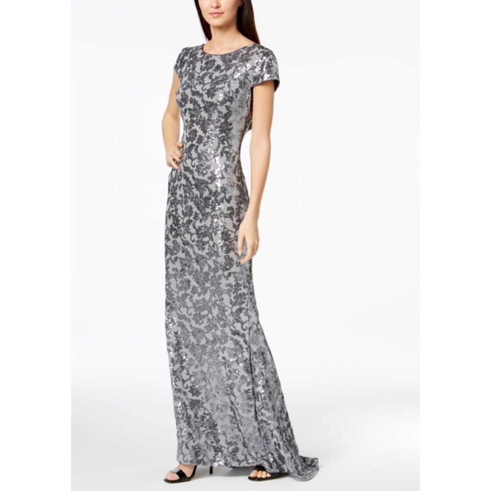 SOLD: Calvin Klein Draped Back Sequin Gown in Grey